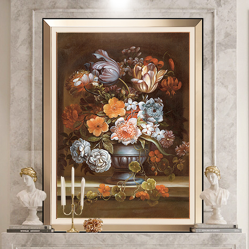 美式玄关装饰画竖版欧式别墅餐厅壁炉挂画复古花卉静物纯手绘油画图片