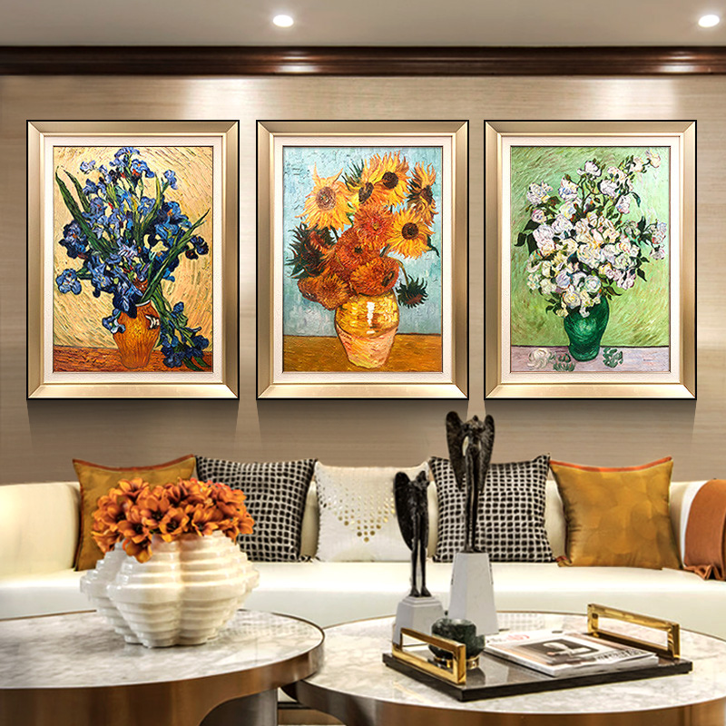 美式客厅装饰画欧式餐厅挂画沙发后面的三联画梵高手绘油画向日葵