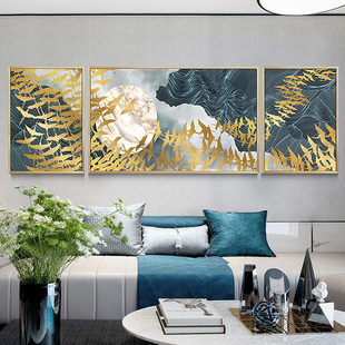 饰画现代简约餐厅壁画金色大气抽象三联挂画 轻奢客厅沙发背景墙装