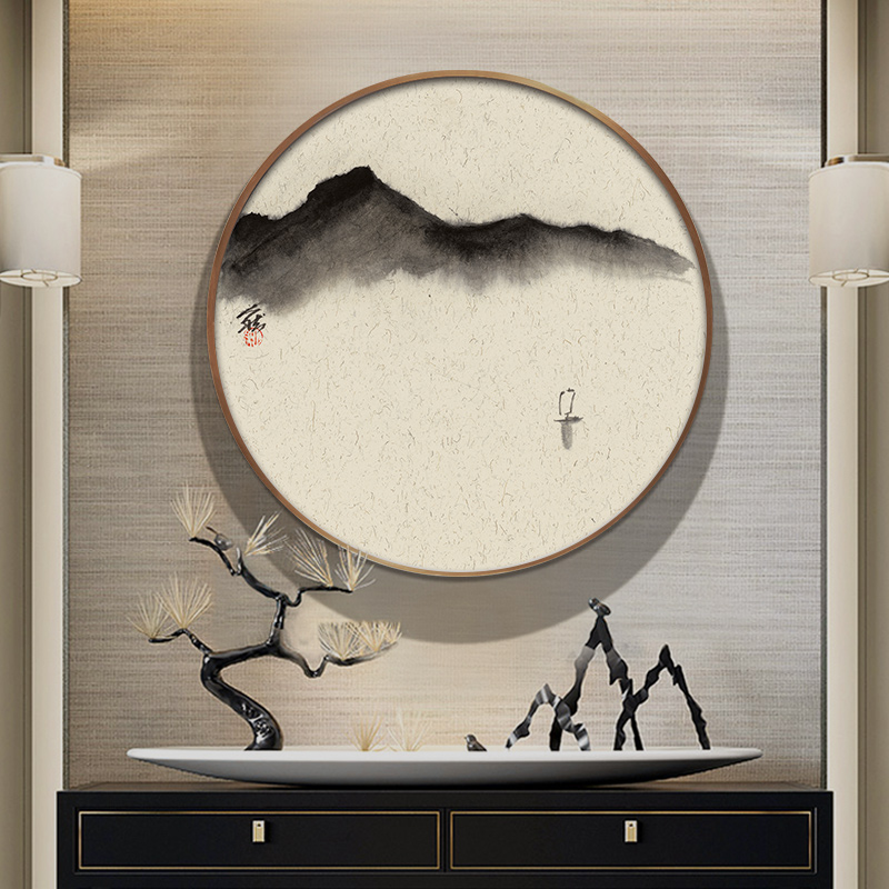 现代新中式玄关装饰画餐厅壁画书房茶室禅意山水挂画圆形墙画人然图片