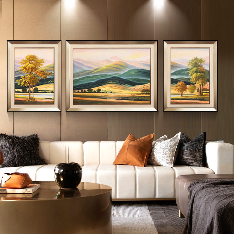 美式欧式客厅沙发背景墙装饰画轻奢三联挂画山水画手绘油画巨人山