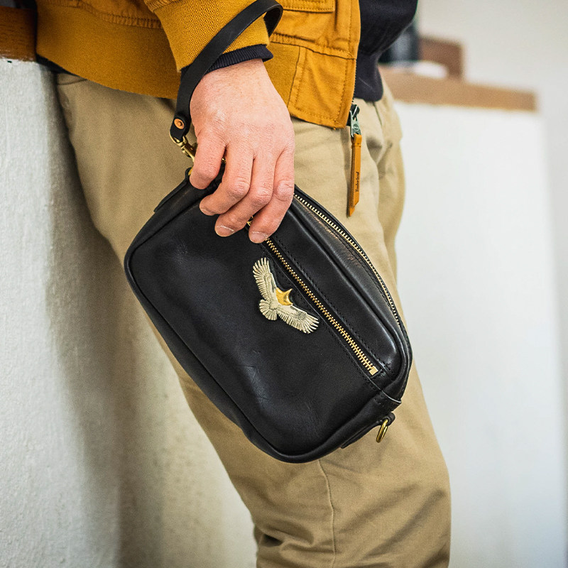 牛爷  重工系列头层牛皮手拿包阿美咔叽通用大容量单肩斜跨手拎包