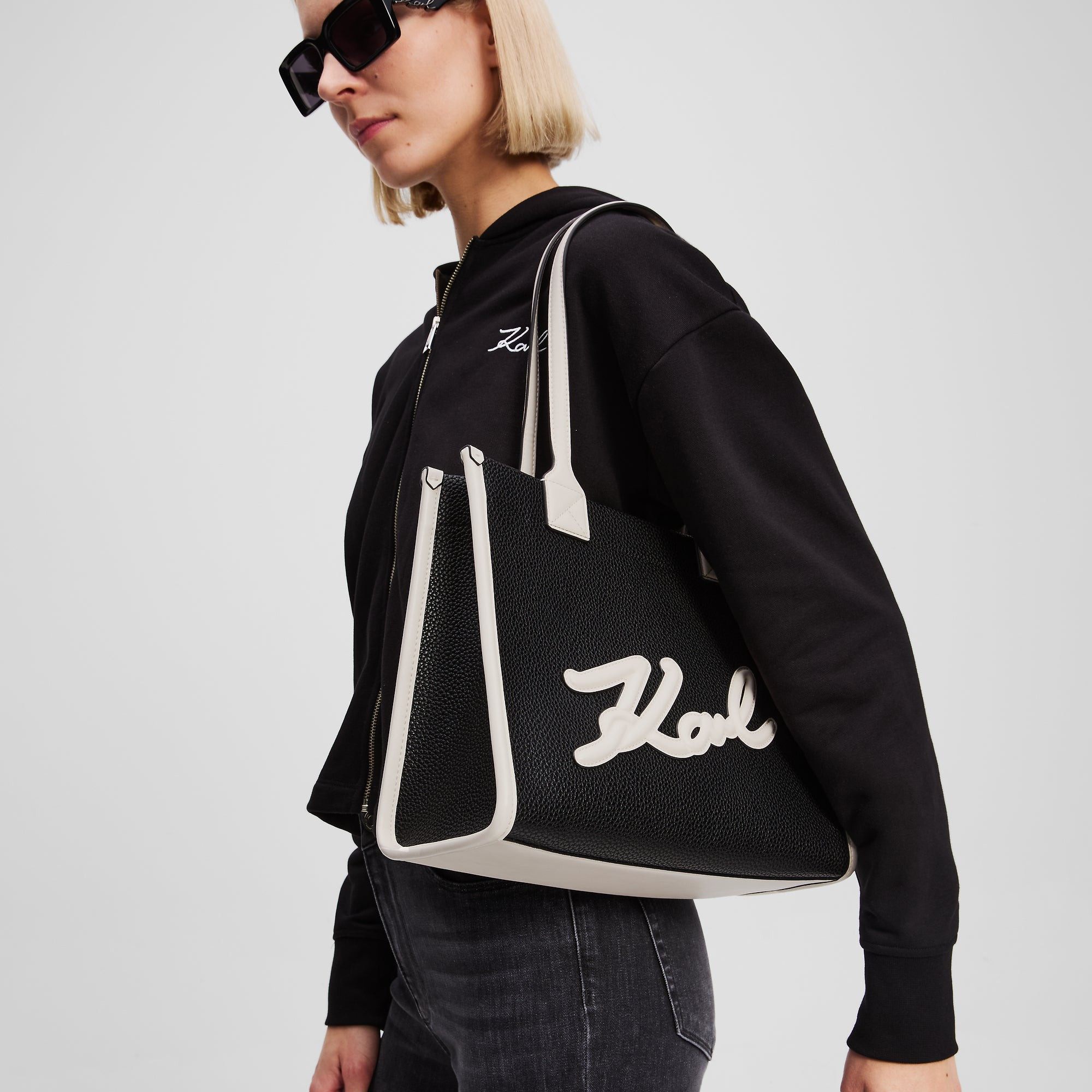 Karl Lagerfeld 直邮代购 牛皮拼接色字母方形托特女包 26春夏