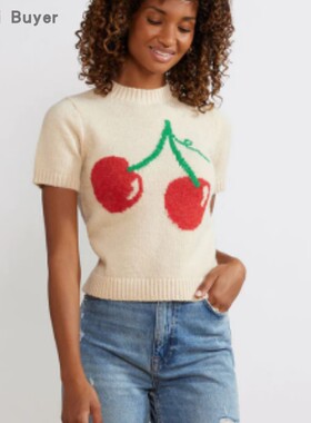 【国内现货】Kitri 羊毛混纺刺绣樱桃圆领短袖短款女毛衣