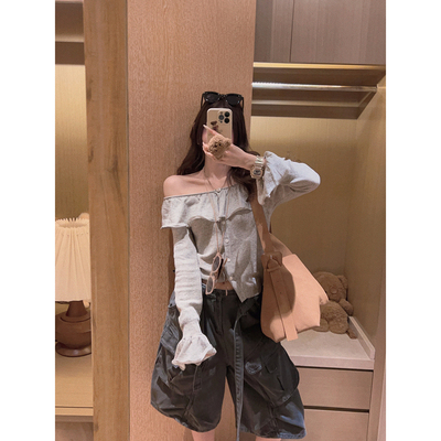 Yukiss 灰色设计感天丝亚麻一字肩针织衫女春韩系修身打底衫上衣