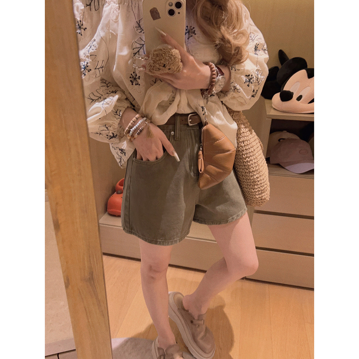 Yukiss【福利清仓5折】美式复古感 工装感军绿色休闲百搭牛仔短裤