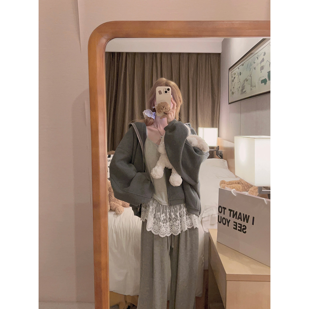 Yukiss 灰色时髦连帽卫衣外套女春韩系宽松遮肉百搭上衣2026新款