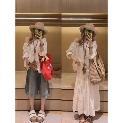 斜肩设计/镂空刺绣上衣衬衫