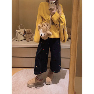 刺绣遮肉宽松阔腿休闲裤 Yukiss 灯芯绒七分裤