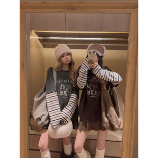 加绒T恤 Yukiss 长袖 撞色拼接袖 原创假两件小狗