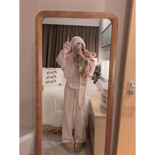 两件套 韩系宽松显瘦外套高腰卫裤 Yukiss 粉色加绒连帽卫衣女冬季