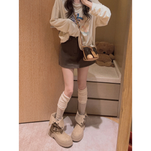 白色牛仔短裙 复古咖色 高腰显瘦防走光 Yukiss