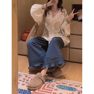 复古花边仿牛仔阔腿裤 荷叶边下摆 原创du家 Yukiss