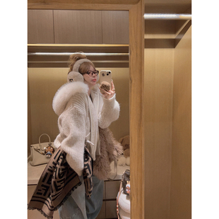 环保狐狸毛领连帽拉链毛衣外套 Yukiss 粗针加厚版