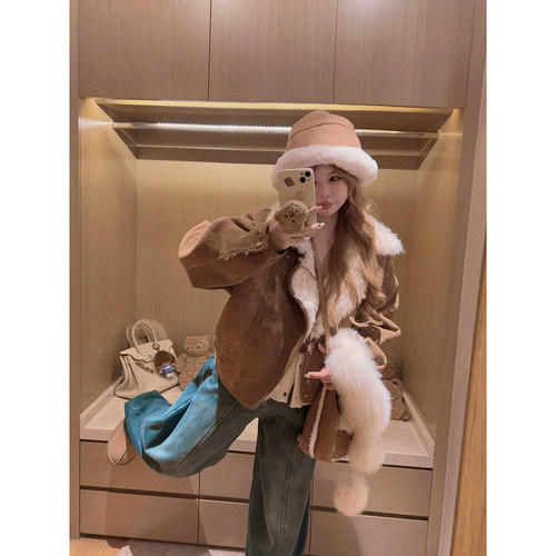 Yukiss 麂皮绒复古翻领环保毛毛夹克外套女秋冬韩系宽松保暖上衣