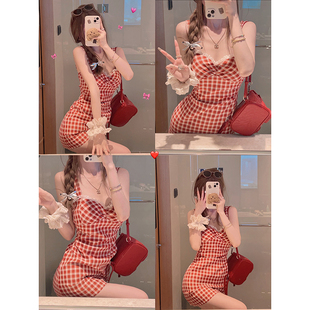 连衣裙 可爱草莓蕾丝拼接红白格纹无袖 福利清仓5折 Yukiss