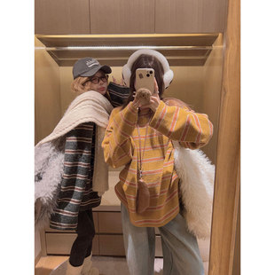 慵懒感毛绒加厚彩色条纹T恤卫衣 Yukiss 原创加绒版