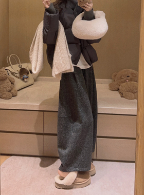 Yukiss深灰色小个子加绒直筒阔腿毛呢八分裤女冬加厚宽松羊毛呢裤