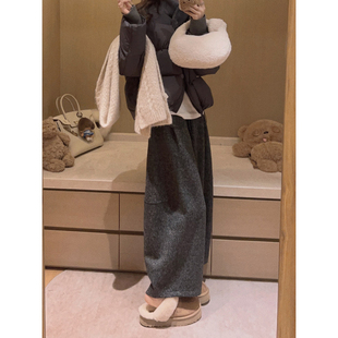 Yukiss深灰色小个子加绒直筒阔腿毛呢八分裤 女冬加厚宽松羊毛呢裤