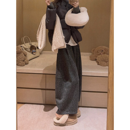 Yukiss深灰色小个子加绒直筒阔腿毛呢八分裤女冬加厚宽松羊毛呢裤