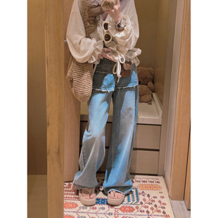 毛边水洗做旧感屁帘直筒牛仔裤 Yukiss 假两件叠搭