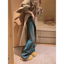 女秋宽松显瘦小个子弯刀裤 Yukiss 复古蓝加绒高腰阔腿直筒牛仔裤