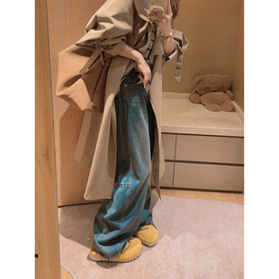 女秋宽松显瘦小个子弯刀裤 Yukiss 复古蓝加绒高腰阔腿直筒牛仔裤