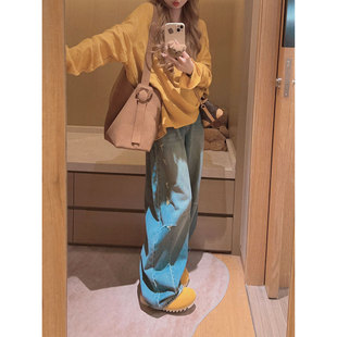 韩系宽松显瘦弯刀裤 女秋季 小个子复古磨破阔腿直筒牛仔裤 Yukiss