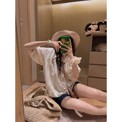 Yukiss风刺绣棉麻宽松衬衫娃娃衫