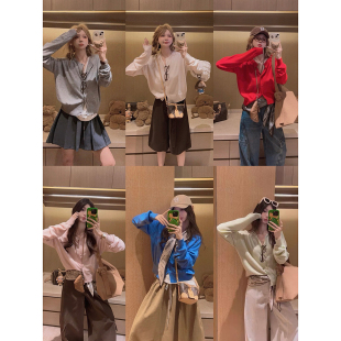 Yukiss 女秋韩系圆领宽松打底上衣 粉色学院风单排扣羊毛针织开衫