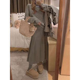 Yukiss 显瘦休闲百搭长裙 浅灰色高腰A字百褶呢子半裙女冬韩系修身