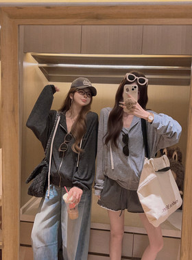 Yukiss 初秋薄款拉链连帽卫衣外套女落肩宽松慵懒休闲运动风上衣