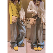 女冬韩系小个子休闲裤 Yukiss 浅蓝色烫钻加绒高腰阔腿直筒牛仔裤