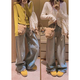 Yukiss 浅蓝色烫钻加绒高腰阔腿直筒牛仔裤女冬韩系小个子休闲裤
