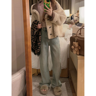 子 女冬韩系宽松遮胯复古百搭裤 Yukiss 小个子加绒高腰阔腿牛仔裤