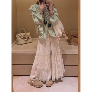 Yukiss【3米用料！蕾丝拼接褶皱感大裙摆半身长裙～】