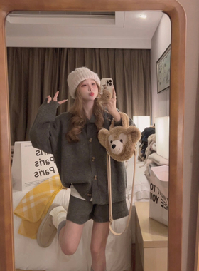 Yukiss 深灰色加厚翻领针织毛衣短裤两件套女冬韩系时髦懒人穿搭