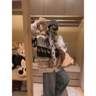 Yukiss 女秋韩系宽松百搭保暖外套 复古撞色翻领羊毛针织毛衣开衫