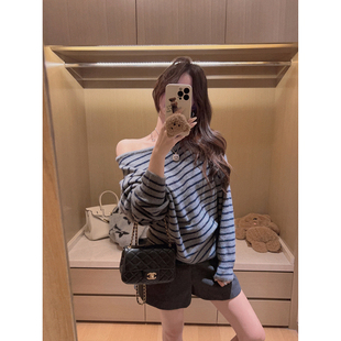 毛衣 Yukiss 宽松蝙蝠袖 斜肩条纹针织衫 加厚版