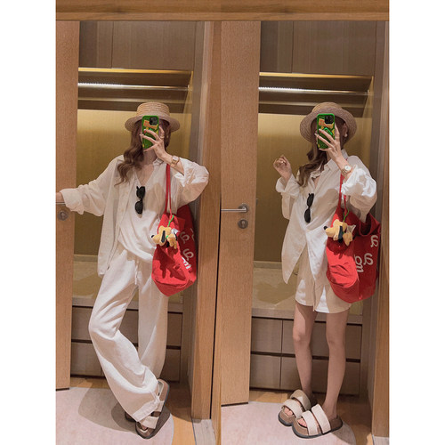 Yukiss 老钱风氧气亚麻衬衫阔腿休闲裤两件套女夏季韩系宽松套装