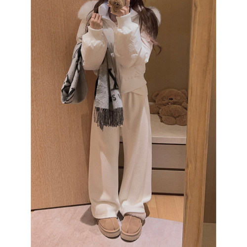 Yukiss 小个子加绒加厚直筒阔腿休闲裤女秋冬韩系软糯垂感抽绳裤