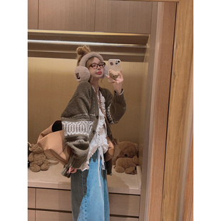 Yukiss 女秋韩系宽松显瘦保暖外套 复古加厚提花粗针针织毛衣开衫