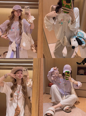 Yukiss 雪花棉紫色薄款宽松T恤女夏韩系博主风时髦打底衫上衣小众