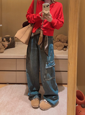 Yukiss 复古蓝色工装高腰阔腿直筒牛仔裤女秋韩系宽松显瘦弯刀裤