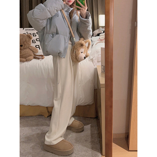 Yukiss米白色毛绒加厚直筒阔腿休闲裤 子 女冬韩系宽松加绒小个子裤