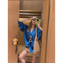 Yukiss 女夏韩系设计感宽松百搭休闲衬衣 松弛感V领蓝色衬衫 娃娃衫