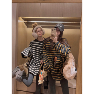 T恤上衣女秋冬韩系宽松显瘦时髦打底衫 Yukiss 毛绒感内搭条纹长袖