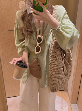 Yukiss 浅绿色长袖天丝亚麻V领衬衫女夏韩系宽松娃娃小衫防晒上衣