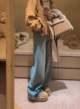 Yukiss 小个子复古加绒高腰直筒阔腿牛仔裤女冬韩系宽松显瘦裤子