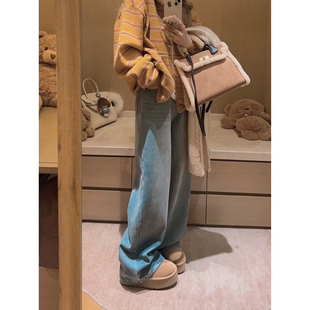 子 女冬韩系宽松显瘦裤 Yukiss 小个子复古加绒高腰直筒阔腿牛仔裤